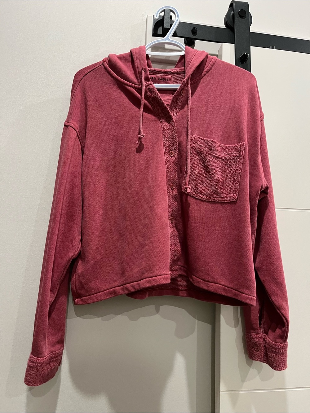 American Eagle Cozy Button-Up Hooded Crop Sweatshirt - Picture 2 of 8